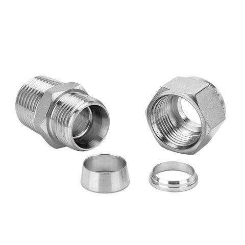 Pysrych 304 stainless steel compression fittings; 1/4 in tube OD to 1/4 in NPT male, straight adapters, pack of 2 with ferrules