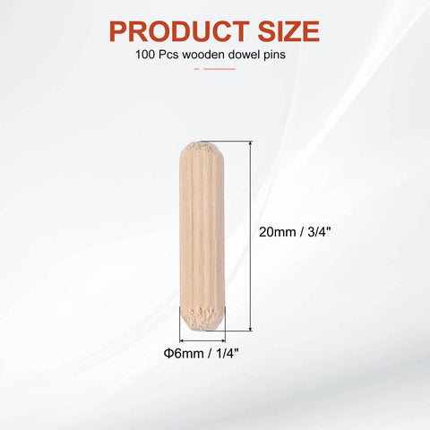 Wood Dowel Pins 6mm By 20mm One Quarter Inch By Three Quarter Inch Straight Fluted Dowels For Crafts And Furniture Making Your Go To For Quick Assembly And Strong Joints Cabinetry And DIY Projects Pack Of 100 product size illustration