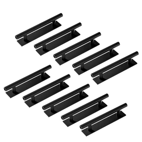 10 Pack Self Stick Push Pull Helper ABS Plastic Wardrobe Handles in black, lined up on a white background, ideal for cabinets and drawers.