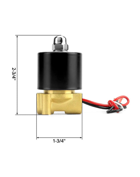 Side view of 1/4 Inch NPT Brass Electric Solenoid Valve 12VDC Normally Closed 2-Pack with dimensions, for water, air, gas, fuel, oil.