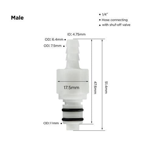 Plastic hose barb in-line quick connector, 1/4 inch, white with O-ring seals, male half