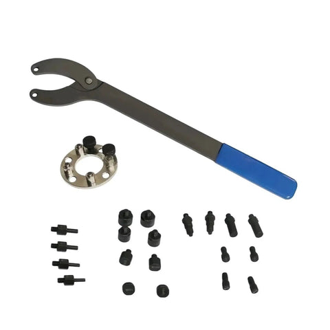 Camshaft pulley holder tool set with blue-handled adjustable wrench and assorted pins for VW T10172/T10554