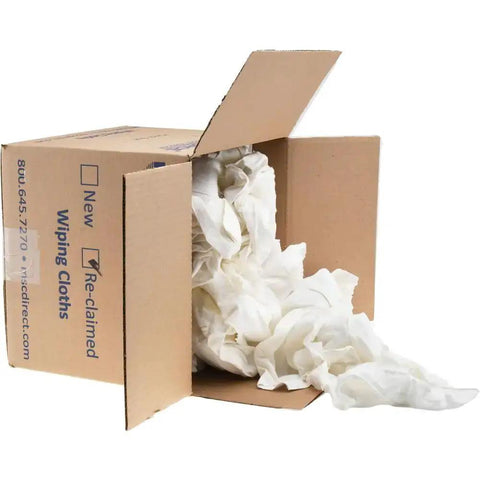 Box of reclaimed white cotton T-shirt rags for shop use prewashed and sanitized low lint soft and absorbent rag cloths for cleaning