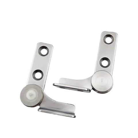 Two stainless steel torque-damping hinges with rotating shafts and mounting holes.