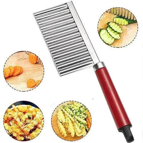 Crinkle Cut Potato Cutter Knife Stainless Steel Wave Slicer for Potatoes Carrots and Cucumbers with red handle and wave patterns