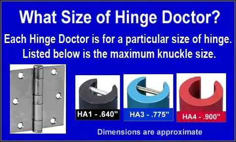 Door Hinge Repair Kit Set HA123 for Sagging Doors with HA1, HA3, HA4 hinge doctor dimensions for maximum knuckle size.