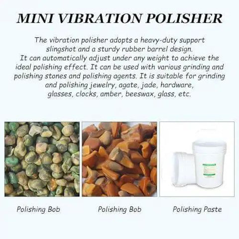 Image of mini vibration polisher with abrasive media; Heavy Duty Vibratory Tumbler Bowl For Metal Polishing And Finishing, High Frequency Vibration Polisher Delivers Smooth, Uniform Shine And Fast, Efficient Parts Finishing For DIYers And Pros In The Shop shown with polishing stones and paste.