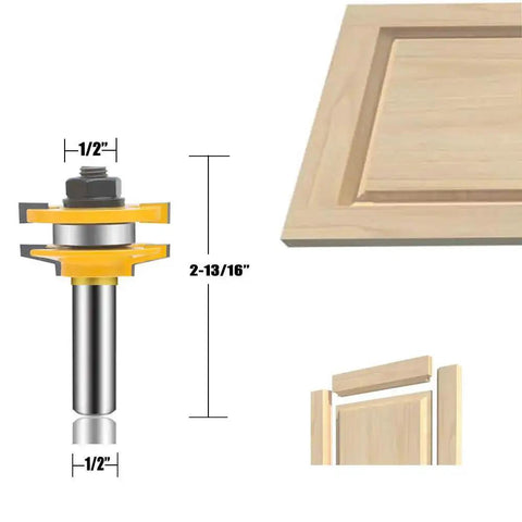 Pro Grade 3 Piece Router Bit Set With Half Inch Shank for Cabinet Doors, showing 1/2 inch size and woodworking profile in action