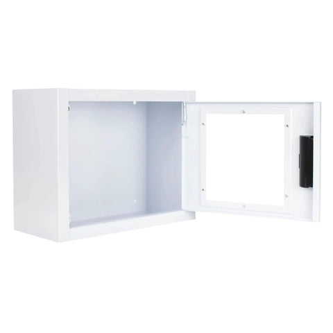 Compact Indoor AED Cabinet Nonalarmed for FRx OnSite and Heartsine Defibrillators open view, white wall mount for essential accessory storage