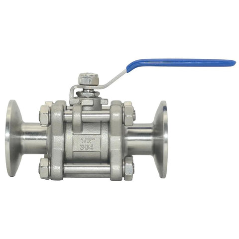 VARMHUS 1/2 in sanitary ball valve, 304 stainless steel, tri-clamp ends 1.5 in, blue lever handle
