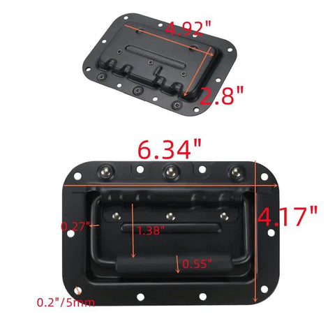 6.34 Inch Black Spring Loaded Handle For Toolboxes And Chests Surface Mounted With Rubber Grip, including dimensions and design.