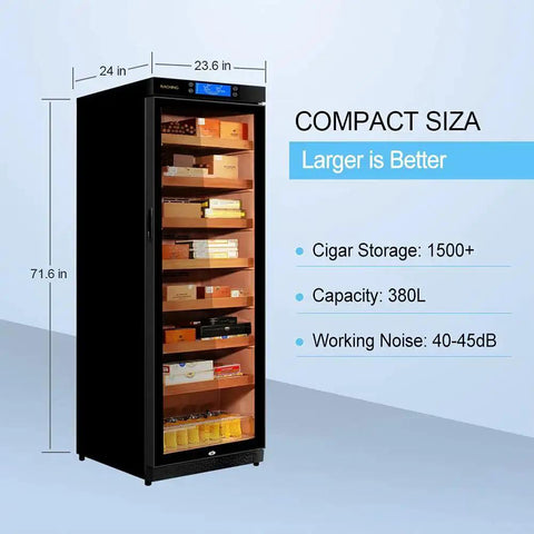 Premium 380L Humidor Cabinet With Constant Temperature And Humidity, wood frame, seven cedar trays, piano black finish, size dimensions shown