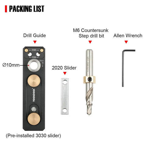 Aluminum Profile Drill Guide Access Hole Jig For 2020 2040 3030 3060 with M6 bit, Allen wrench, and 2020 slider shown