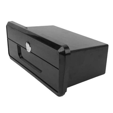 Front view of lockable black plastic marine storage glove box with cup holder design for boat console