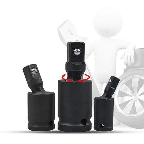 Front view of a 3-piece universal joint socket adapter set with 1/4 in, 3/8 in and 1/2 in drives in black finish for impact tools