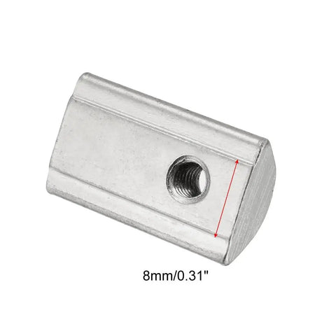 Close-up of Roll-In Spring M4 T Nut for 4040 Aluminum Extrusion showing hole and 8mm groove depth measurement, nickel-plated steel.