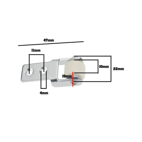 Close-up of 8 pack 15mm sliding door track guide wheels for dining tables closets and glass doors with dimensions shown.
