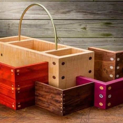 Wooden boxes with decorative mitered joints created using Corner Key Doweling Jig for Decorative Mitered Joints With Molded Reference Lines and Drill Guides, Pro Grade Dowel Tool Kit Includes One Eighth, One Quarter, and Three Eighths Inch Drill Guides for Woodworking.