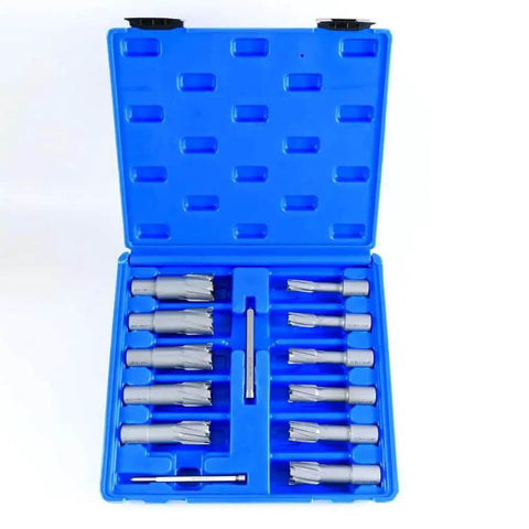 Heavy Duty Carbide TCT Annular Cutter Set For Magnetic Drill Press 13 Piece With Weldon Shank And One And Three Eighths Inch Cutting Depth Includes Pilot Pins Diameters From Half Inch To One And One Eighth Inch Boss Grade OSCARBIDE in blue plastic case showcasing steel cutters.