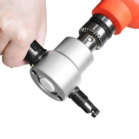 Close-up of Double Head Sheet Metal Nibbler Saw Cutter for electric drill attachment in use, ergonomic grip, 360-degree head, and metal parts.