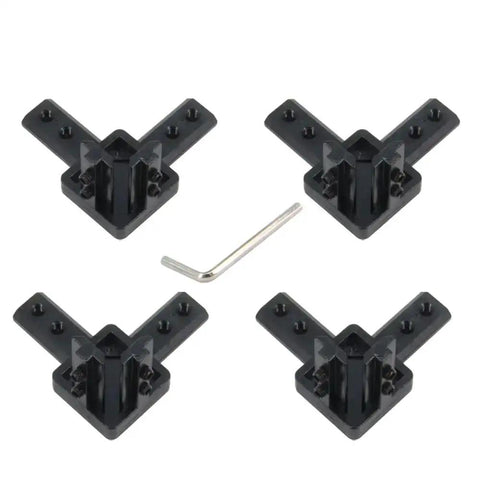 4 Pack Black 4040 Series 3-Way End Corner Bracket With M6 Screws For 8mm Slot T-Slot Aluminum Extrusion Profiles displayed with Allen key