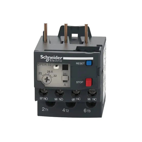 Front view of TeSys DPER32 Thermal Overload Relay with manual and auto reset, screw clamp terminals, 23-32 amp load protection for HVAC systems.