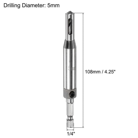 Self Centering Hinge Tapper Core Drill Bit Set Pro Grade With One Quarter Inch Hex Shank For Opening Holes In Woodworking 5 Mm Diameter 110 Mm Length Two Pack Silver Tone, front view showing dimensions.