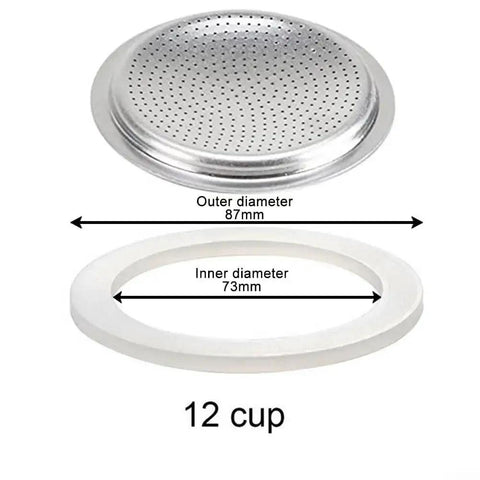 Long Lasting Silicone Gasket Seal For Espresso Moka Pot Replacement, No Fuss Install, 12 cup sieve with dimensions shown