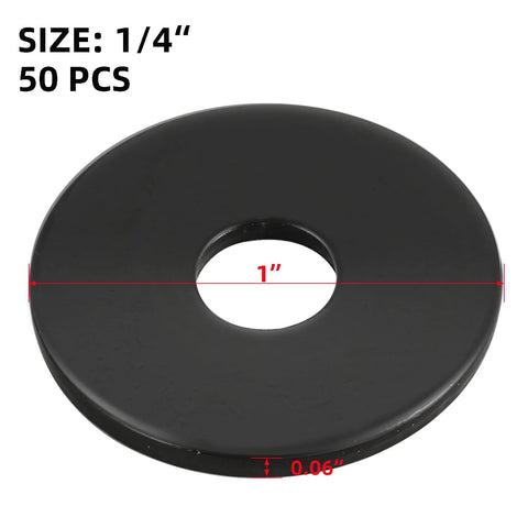 Flat washer, black finish, stainless steel 304, outer diameter 1 in, inner hole 1/4 in, thickness 0.06 in