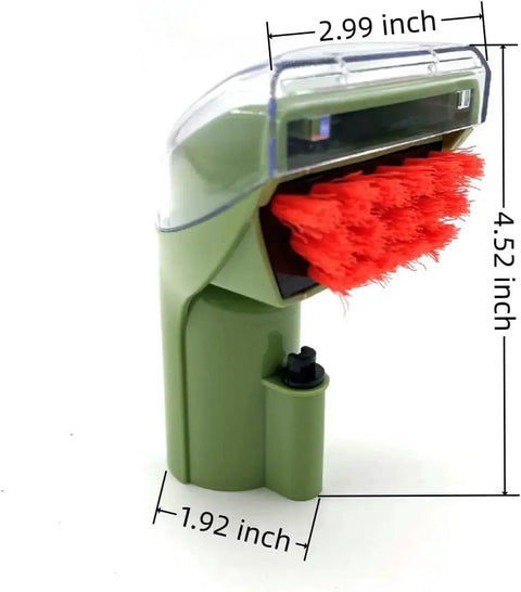 Little Green Machine replacement brush head in green with red bristles and small hose attachment