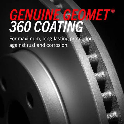 Disc brake rotor with Genuine Geomet 360 coating; close-up view of the machined rotor surface.
