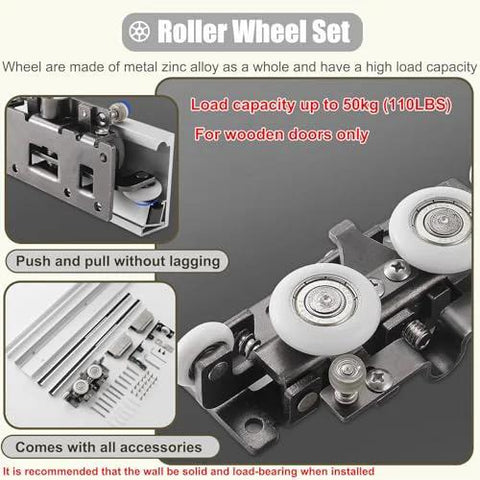 Roller wheel set for trackless sliding barn door kit with soft close, concealed hardware for 3 to 6 ft doors, metal zinc alloy