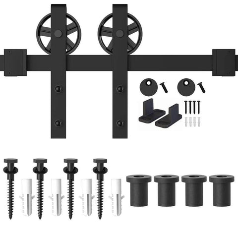 Wood Sliding Barn Door Hardware Kit Black 5Ft Basic Built Tough With Big Spoke Wheel Rollers And Carbon Steel Flat Track System