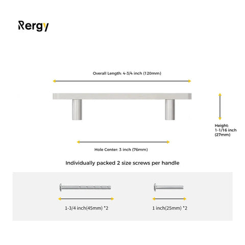 Diagram of 10 Pack Brushed Nickel Cabinet Handles, 4-3/4 inch length, 3 inch center to center holes, includes screw sizes.