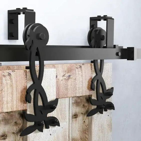 Black Rustic Double Track U Shape Bypass Sliding Barn Door Hardware Kit For Two Doors, 4.5ft Flat Track, Flower Design Rollers