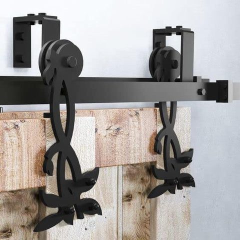 Black Rustic Double Track U Shape Bypass Sliding Barn Door Hardware Kit For Two Doors 7ft Flat Track With Flower Design Rollers