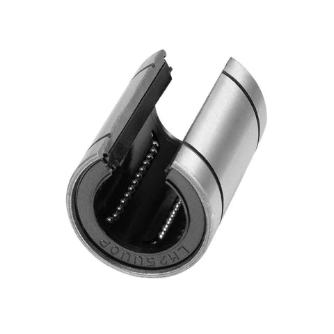Open Type LM25UUOP Linear Ball Bearing showing 25mm bore, 40mm outer diameter, 59mm length, sealed on both sides, chromium steel.