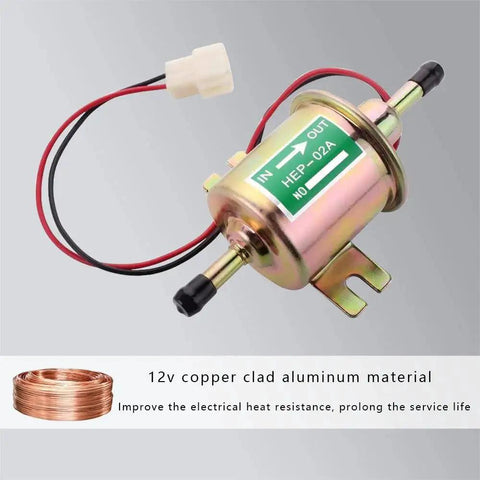 12V Inline Fuel Pump for Gas Engines with Low 2.5 to 4 PSI Universal Fit for Lawn Mowers and Carburetors, copper clad body