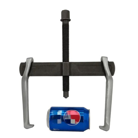 10 Inch Two Jaw Gear Puller For Removal Of Pulleys, Flywheels And Bearings, showing size comparison with a soda can underneath.