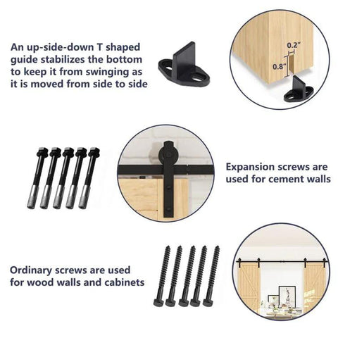 Heavy Duty 12 Foot Sliding Barn Door Hardware Kit For Double Doors With Ultra Quiet Smooth Operation And Easy Install Track System Featuring Basic I Pulley Carbon Steel Frosted Black Finish No Door Included showing installation components and screws.