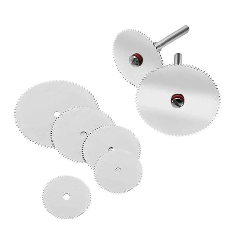 11 Piece Mini HSS Circular Saw Blade Set For Rotary Tools With Mandrel Stainless Steel Cutting Discs displayed on white background