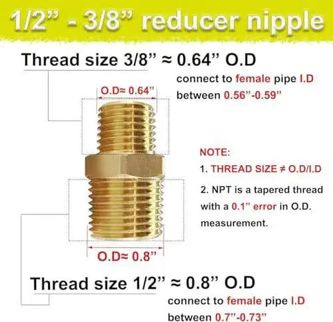 Reducing Hex Nipple Adapter One Half Inch NPT Male To Three Eighths Inch NPT Male Brass Pipe Fitting sizes and details chart
