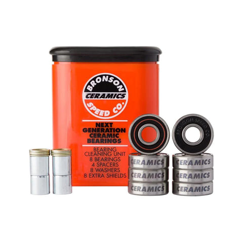 Bronson Speed Co orange ceramic skateboard bearings set with spacers and washers