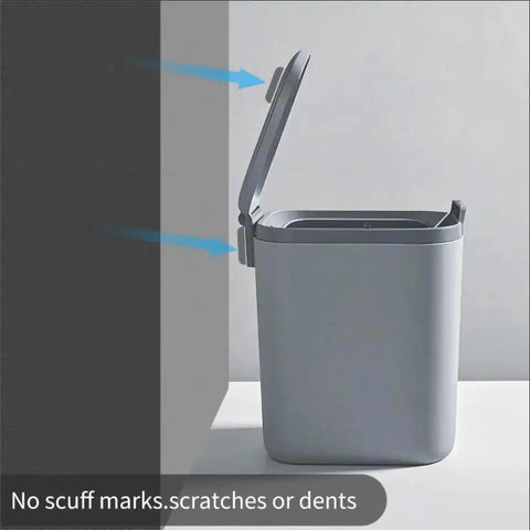 Gray trash can with lid open, showing use of 10 Pack Trash Can Protector Pads For Wall And Furniture Protection against wall.