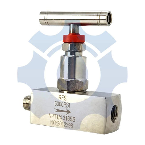 RFS stainless steel 316 needle valve with T-handle, 1/4 in NPT male x female ports, 6000 PSI