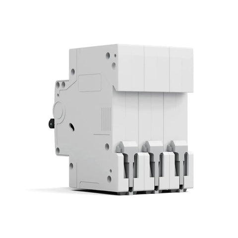 Side view of a 63 Amp 3 Pole DIN Rail Mounted Miniature Circuit Breaker for 120/240V systems with thermal magnetic AC disconnect switch.
