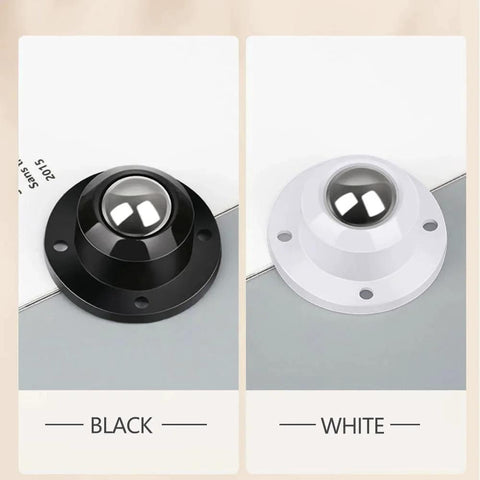Black and white adhesive caster wheels for furniture and storage, featuring stainless steel ball bearings and ABS construction.