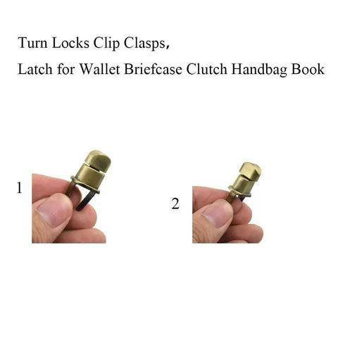 Turn Lock Purses Closure 1.1 Inch Antique Brass Clip For Wallets Briefcases Clutches And Handbags Easy Install With Online Instructions Sturdy Metal Twist Clasp Two Sets With Washers By HAHIYO, shown detached in hand.