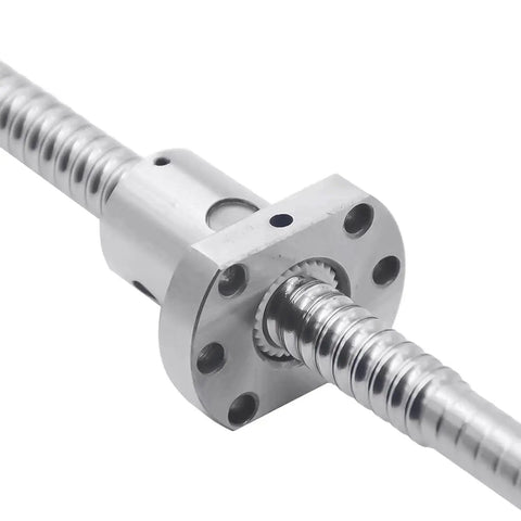 Close-up of a metal 400mm SFU1204 ball screw from Two Pack 400mm HGR20 Linear Guide Rails With Four Bearing Blocks And One 400mm SFU1204 Ball Screw Kit