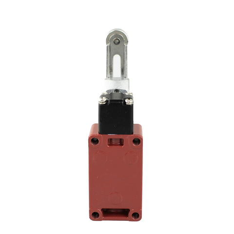 Amazon BISS roller limit switch with red housing, black actuator and metal roller plunger, 1NO+1NC